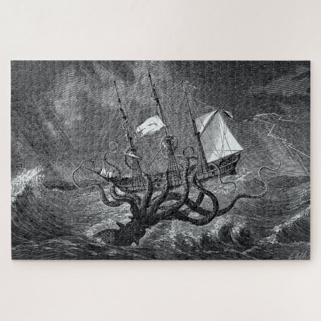 Kraken Attacking Ship vintage etching Jigsaw Puzzle (Horizontal)