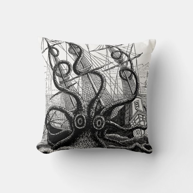 Kraken Eatting a Sailing Ship Throw Pillow (Front)