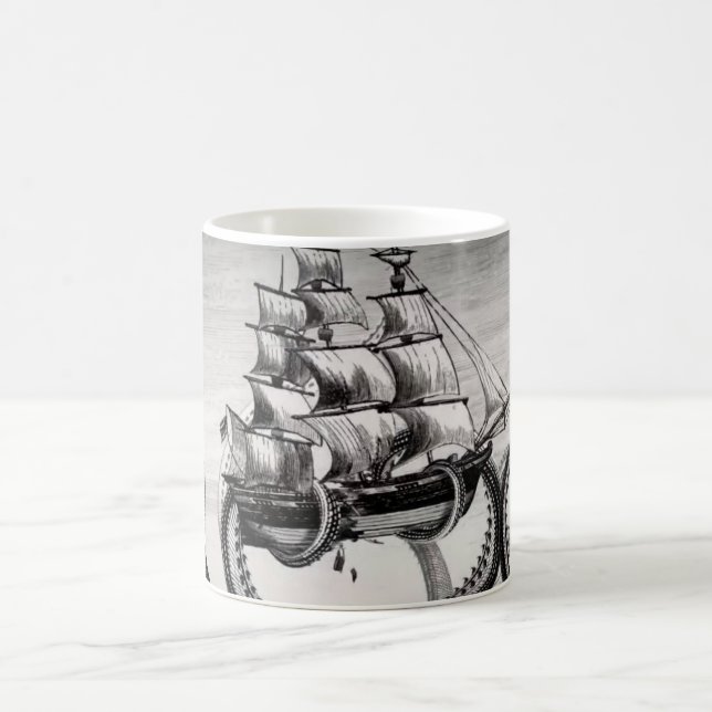 Kraken Holding Pirate/Sailing Ship White Mug (Center)