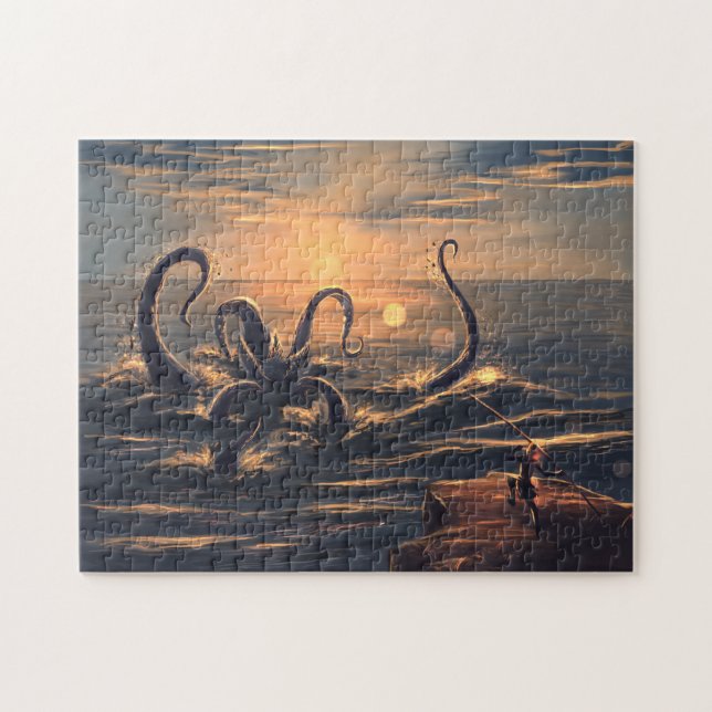 Kraken in the sea at sunset jigsaw puzzle (Horizontal)