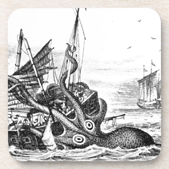 Kraken/Octopus Eatting A Pirate Ship, Black/White Coaster (Front)