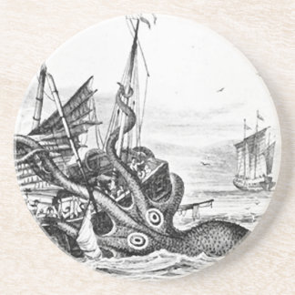 Kraken/Octopus Eatting A Pirate Ship, Black/White Coaster