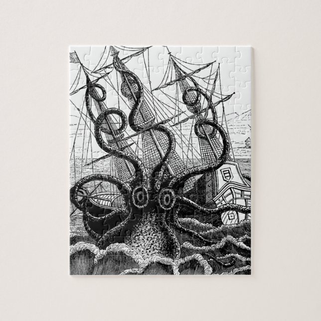 Kraken/Octopus Eatting A Pirate Ship, Black/White Jigsaw Puzzle (Vertical)
