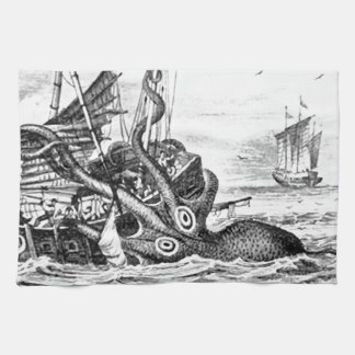 Kraken/Octopus Eatting A Pirate Ship, Black/White Kitchen Towel