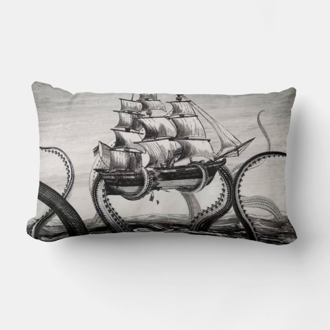 Kraken/Octopus Eatting A Pirate Ship, Black/White Lumbar Pillow (Front)