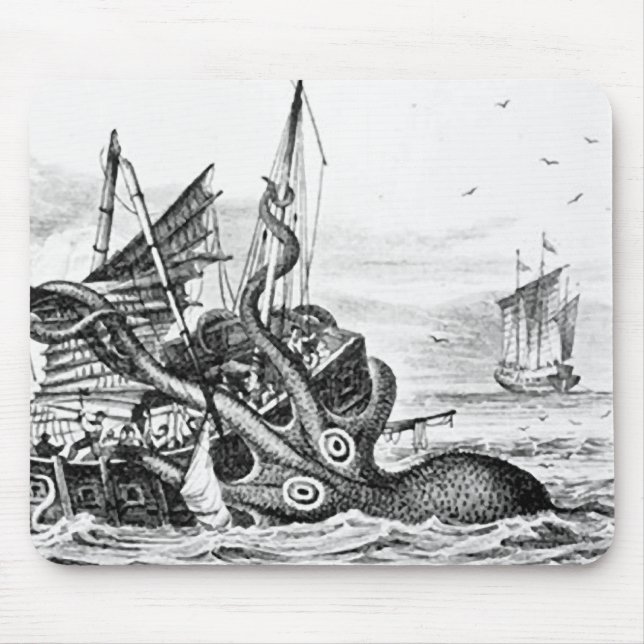 Kraken/Octopus Eatting A Pirate Ship, Black/White Mouse Pad (Front)