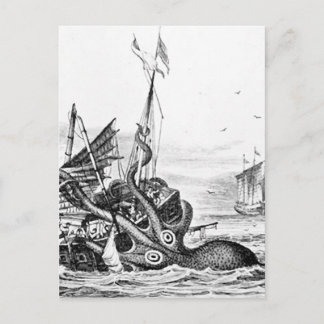 Kraken/Octopus Eatting A Pirate Ship, Black/White Postcard