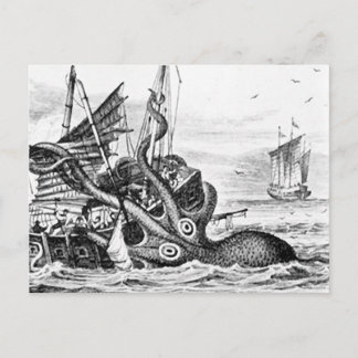 Kraken/Octopus Eatting A Pirate Ship, Black/White Postcard
