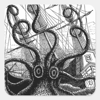 Kraken/Octopus Eatting A Pirate Ship, Black/White Square Sticker