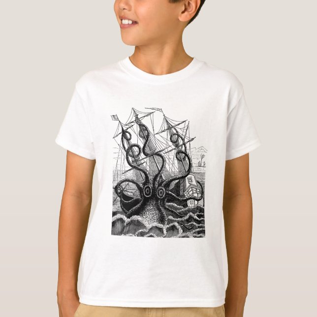 Kraken/Octopus Eatting A Pirate Ship, Black/White T-Shirt (Front)