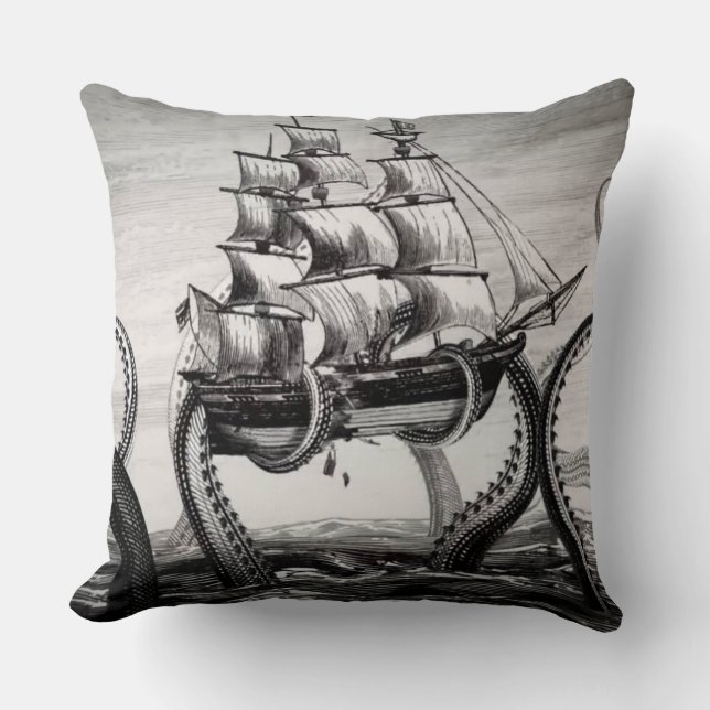 Kraken/Octopus Eatting A Pirate Ship, Black/White Throw Pillow (Front)