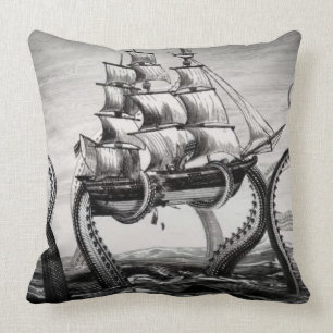 Kraken/Octopus Eatting A Pirate Ship, Black/White Throw Pillow
