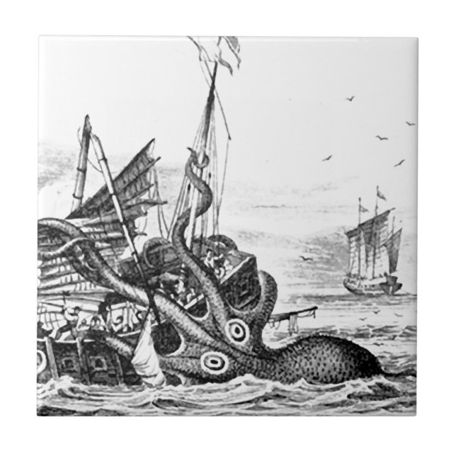Kraken/Octopus Eatting A Pirate Ship, Black/White Tile (Front)