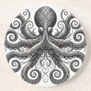 Kraken Steampunk Octopus Ornate Black Coaster