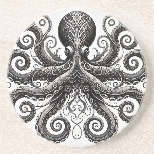 Kraken Steampunk Octopus Ornate Black Coaster (Front)