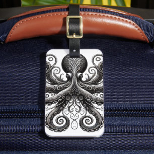 Kraken Steampunk Octopus Ornate Black Luggage Tag