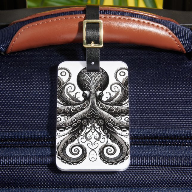 Kraken Steampunk Octopus Ornate Black Luggage Tag (Front Insitu 2)