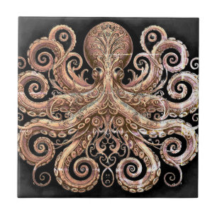 Kraken Steampunk Octopus Ornate Gold and Black Tile