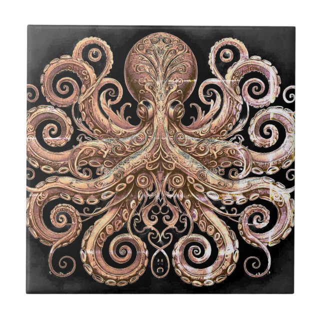 Kraken Steampunk Octopus Ornate Gold and Black Tile (Front)
