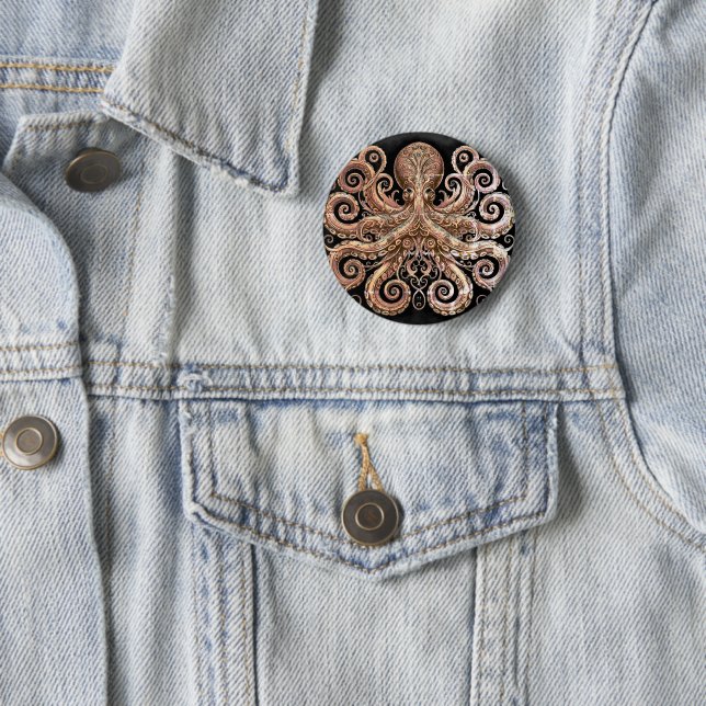 Kraken Steampunk Octopus Ornate Gold Black 2 Inch Round Button (In Situ)
