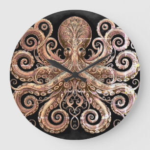 Kraken Steampunk Octopus Ornate Gold Black Large Clock