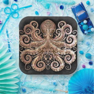 Kraken Steampunk Octopus Ornate Gold Black Paper Plate