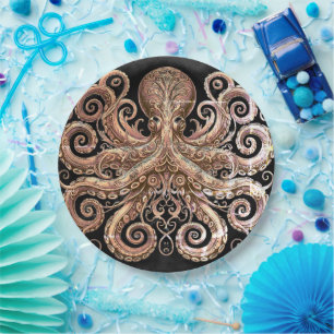 Kraken Steampunk Octopus Ornate Gold Black Paper Plate