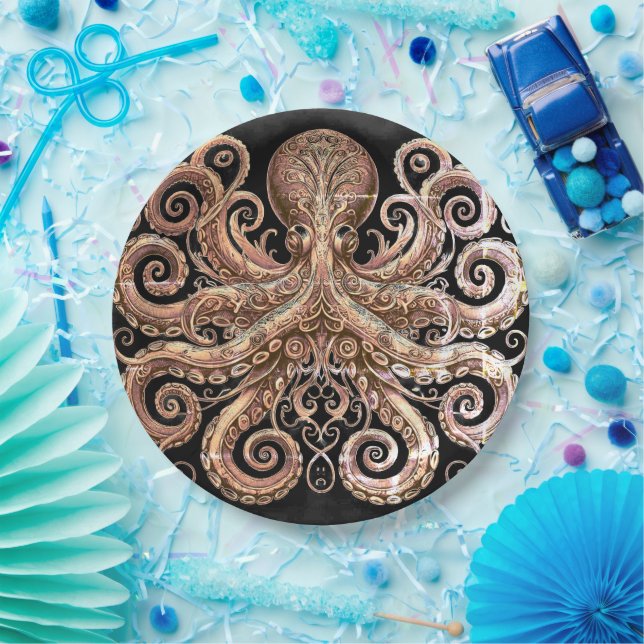 Kraken Steampunk Octopus Ornate Gold Black Paper Plate (Party)