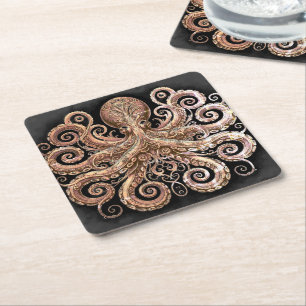 Kraken Steampunk Octopus Ornate Gold Black Square Paper Coaster