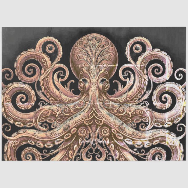 Kraken Steampunk Octopus Ornate Gold Black Tissue Paper (Front)