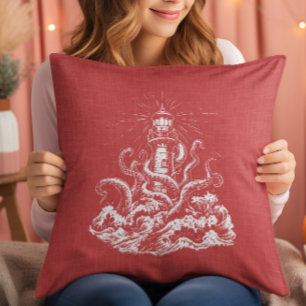 Kraken Swallowing a Light House On Red Linen Throw Pillow
