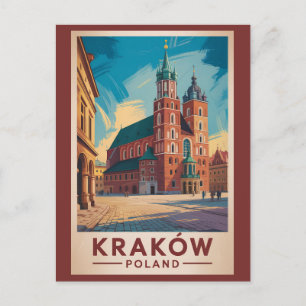 Krakow Poland Illustration Travel Art Vintage Postcard