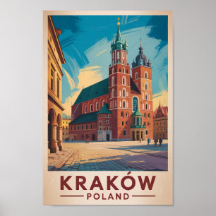 Krakow Poland Illustration Travel Art Vintage Poster