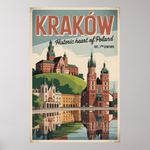Kraków Poland Retro Skyline Cityscape Travel  Poster