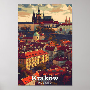 Krakow Poland Vintage Art Travel Illustration Poster