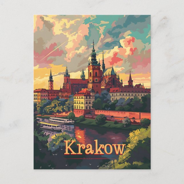 Krakow sunset vintage postcard (Front)