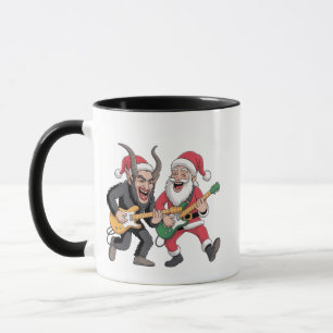 Krampus and Santa Playing Guitar Electric Xmas Mug