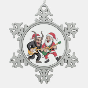 Krampus and Santa Playing Guitar Electric Xmas  Snowflake Pewter Christmas Ornament