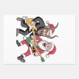 Krampus and Santa Playing Guitar Electric Xmas Wrapping Paper Sheet