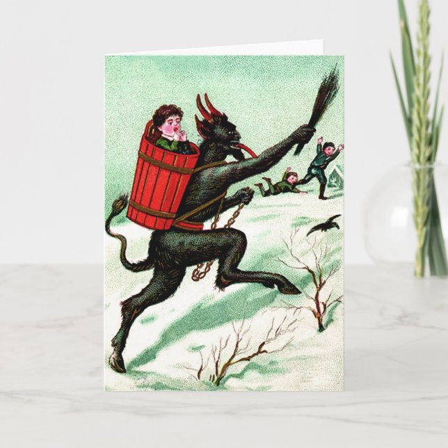 Krampus Chasing Bad Children Winter Snow Holiday Card (Front)