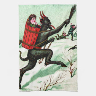Krampus Chasing Bad Children Winter Snow Kitchen Towel
