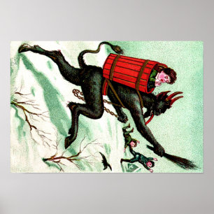 Krampus Chasing Bad Children Winter Snow Poster