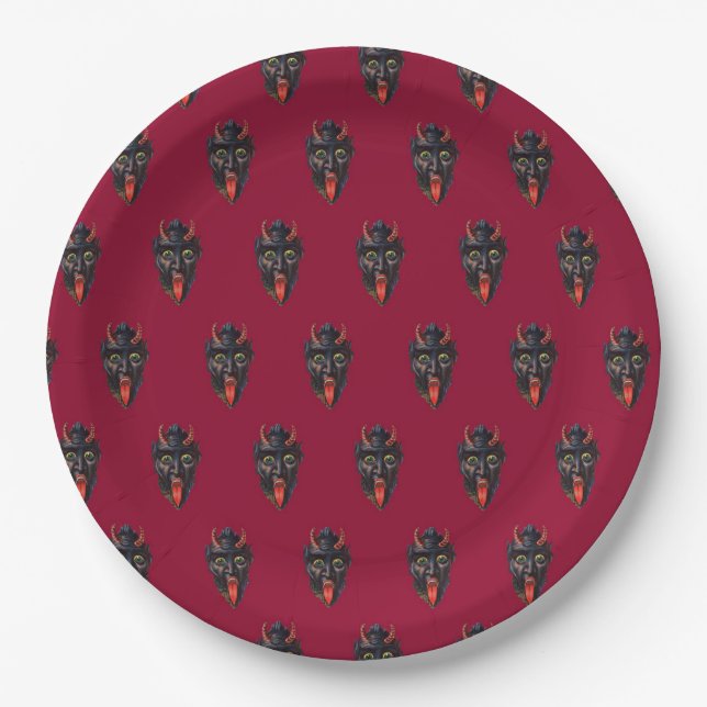 Krampus Christmas 9" Paper Plate in Red (Front)