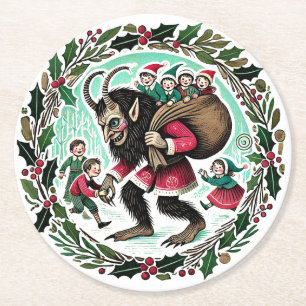 Krampus Christmas Round Paper Coaster