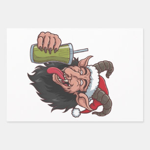 Krampus Drinking Green Matcha Christmas Spooky  Wrapping Paper Sheet