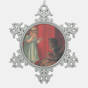 Krampus Kidnapping Girl Snowflake Pewter Christmas Ornament