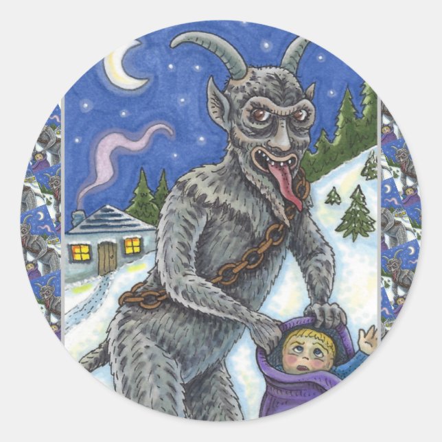 KRAMPUS & NAUGHTY CHILDREN, SCARY CHRISTMAS STORY CLASSIC ROUND STICKER (Front)