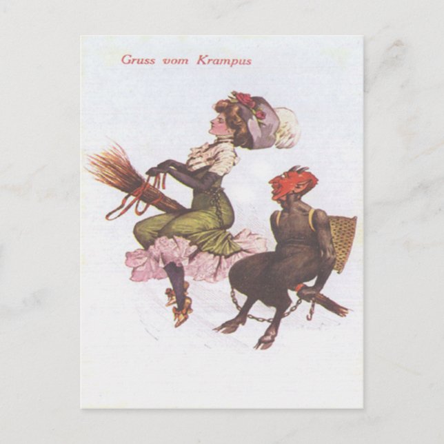Krampus On Broom With Woman Postcard (Front)
