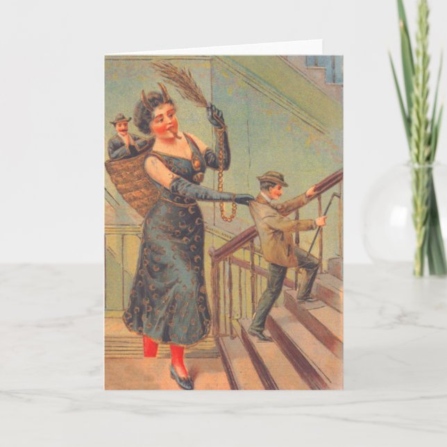 Krampus Punishing Bad Man Holiday Card (Front)