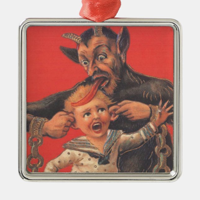 Krampus Punishing Little Boy Ear Metal Ornament (Front)